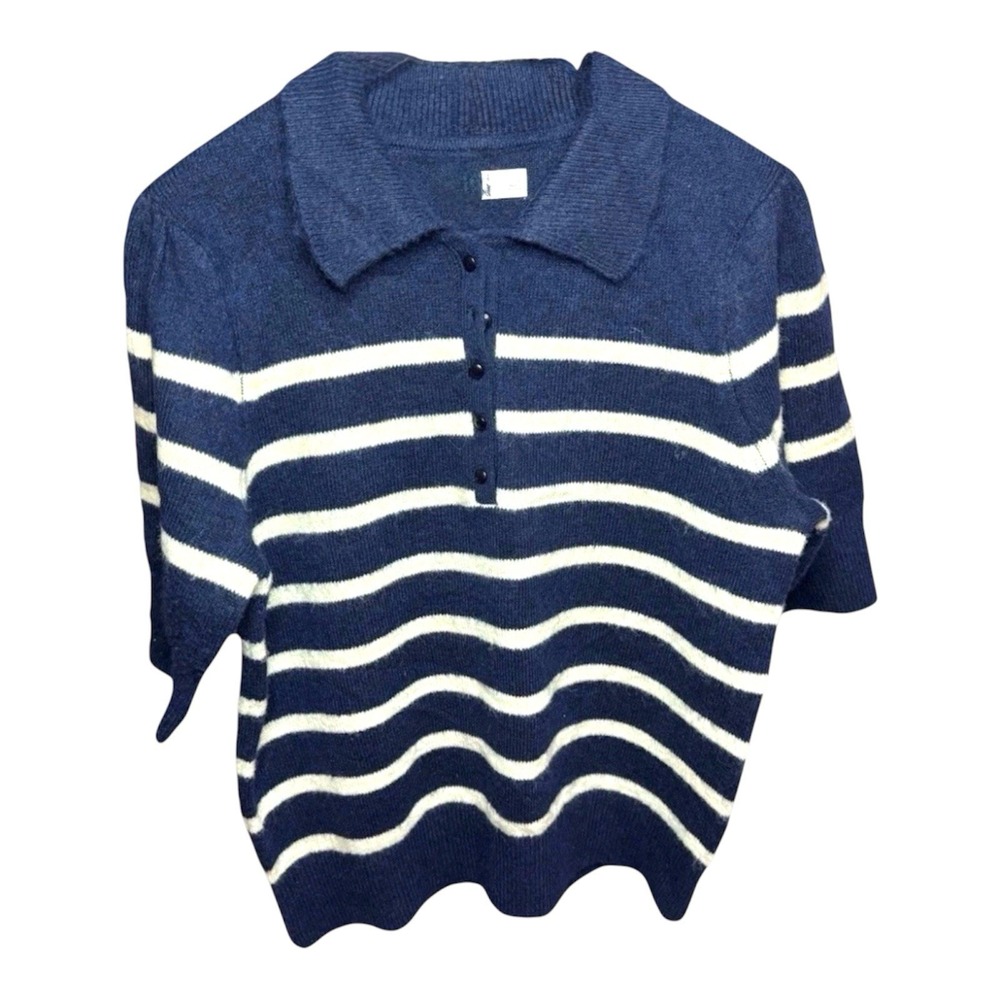 LC Lauren Conrad Women's Large (L) Blue White Striped Fuzzy Soft Polo Sweater